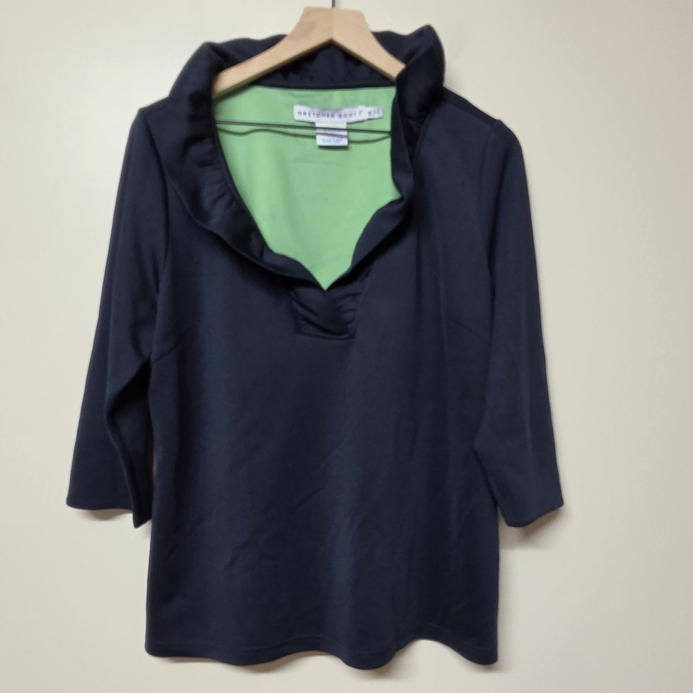 Gretchen Scott Navy Blue Ruffle Collar Tunic Top XL Lime Green Lining 3/4 Sleeve